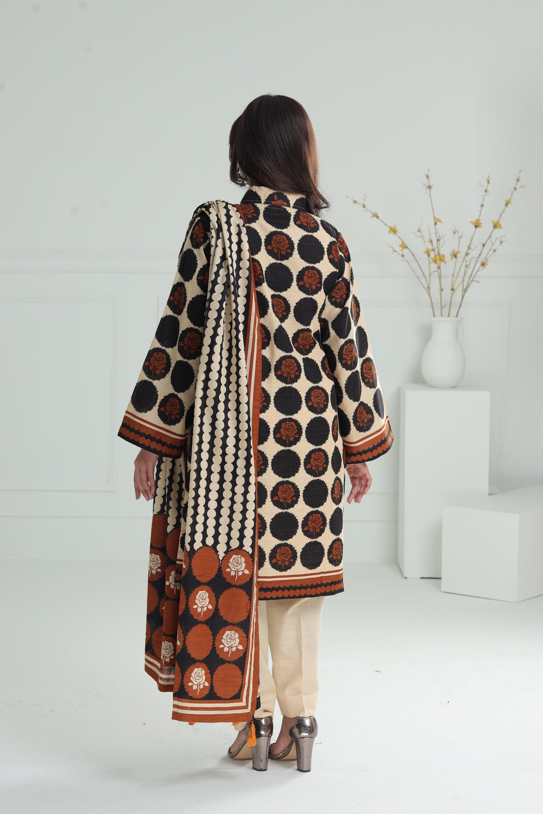 Printed Khaddar Beige Stitched Suit - Alkaram