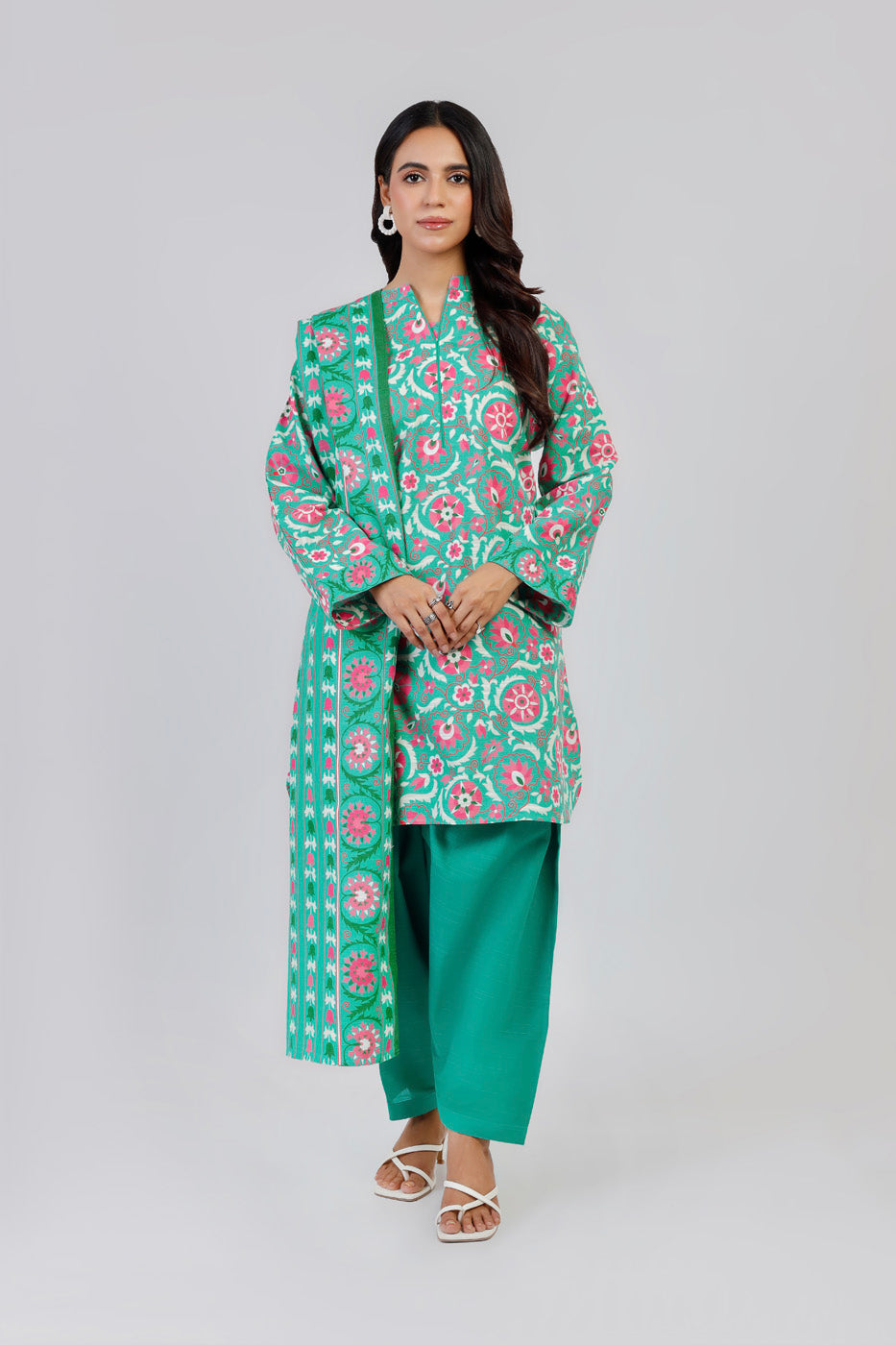 Printed Khaddar Green Unstitched Suit - Alkaram