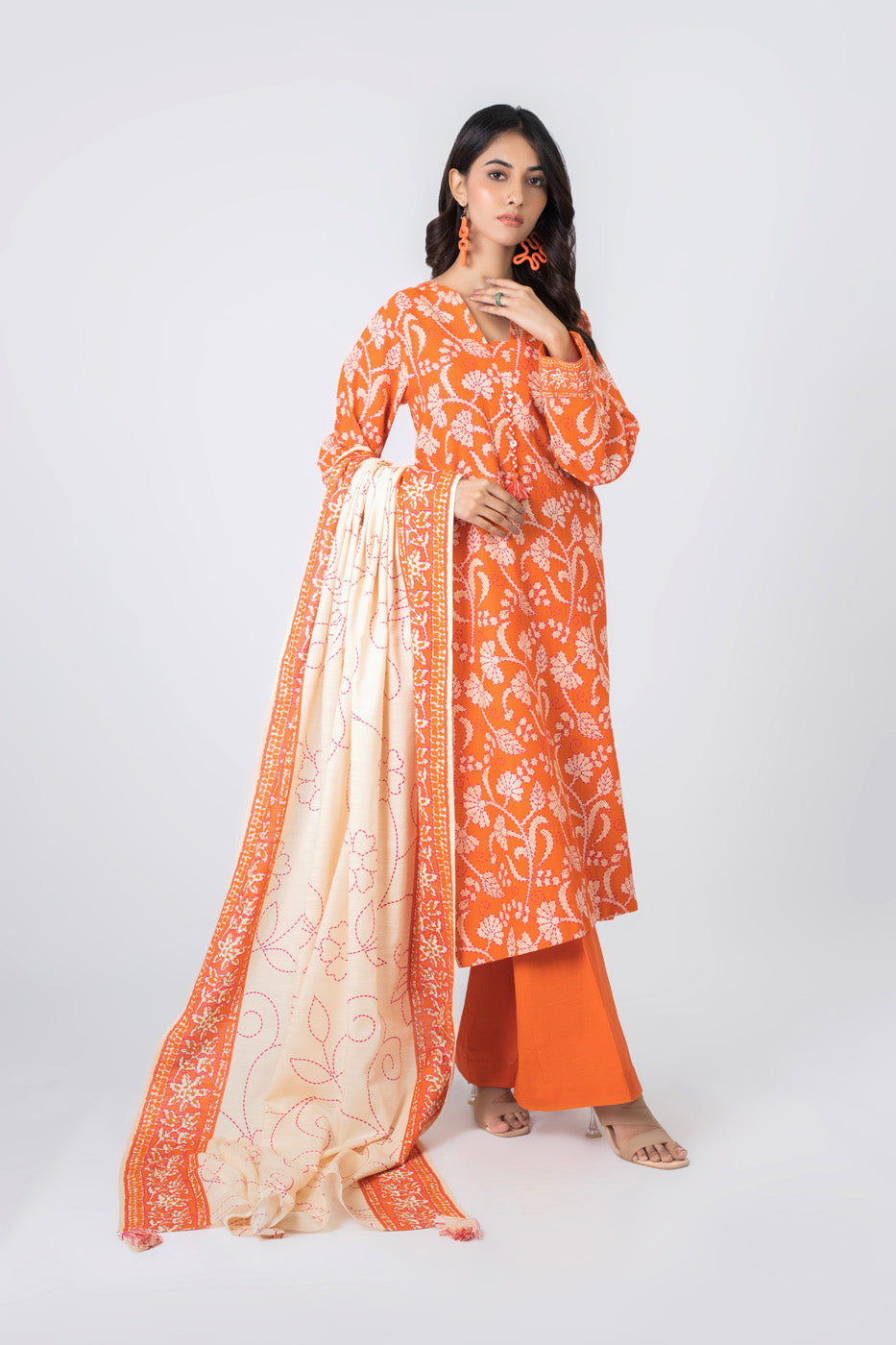 Printed Khaddar Orange Unstitched Suit - Alkaram