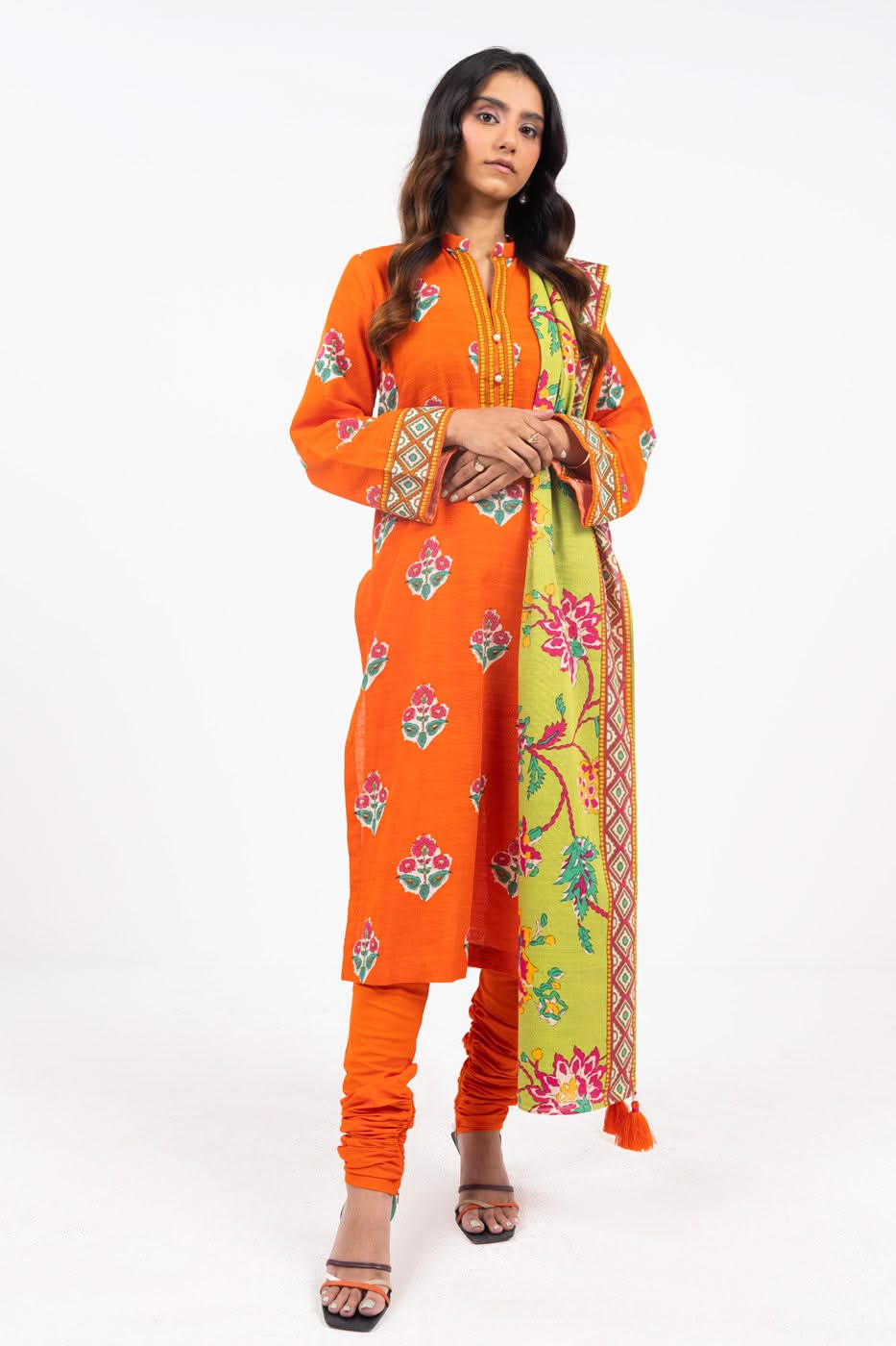 Printed Khaddar Orange Unstitched Suit - Alkaram