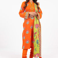 Printed Khaddar Orange Unstitched Suit - Alkaram