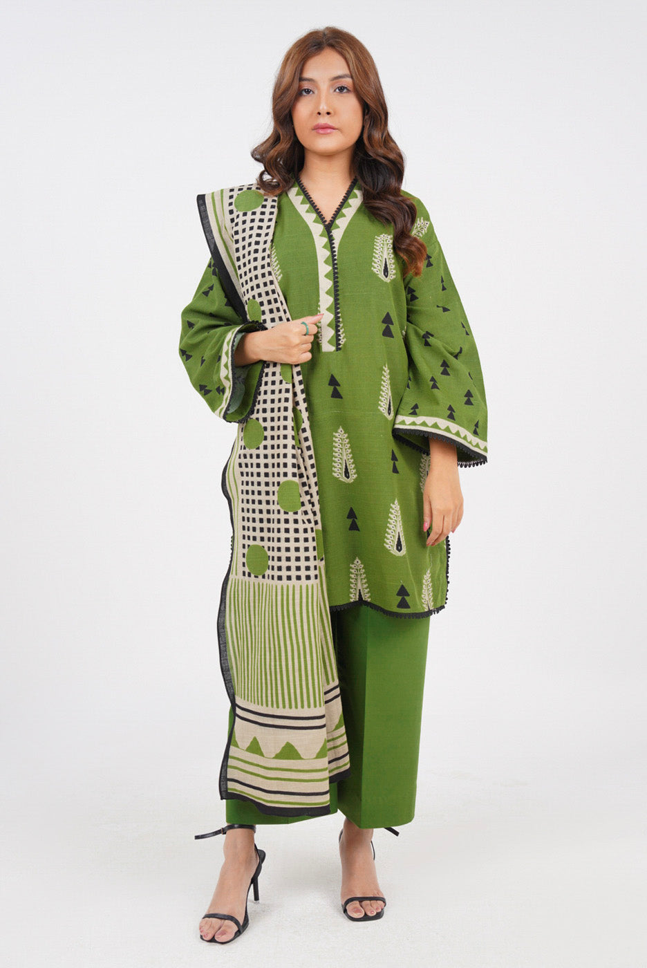 Printed Khaddar Green Unstitched Suit - Alkaram