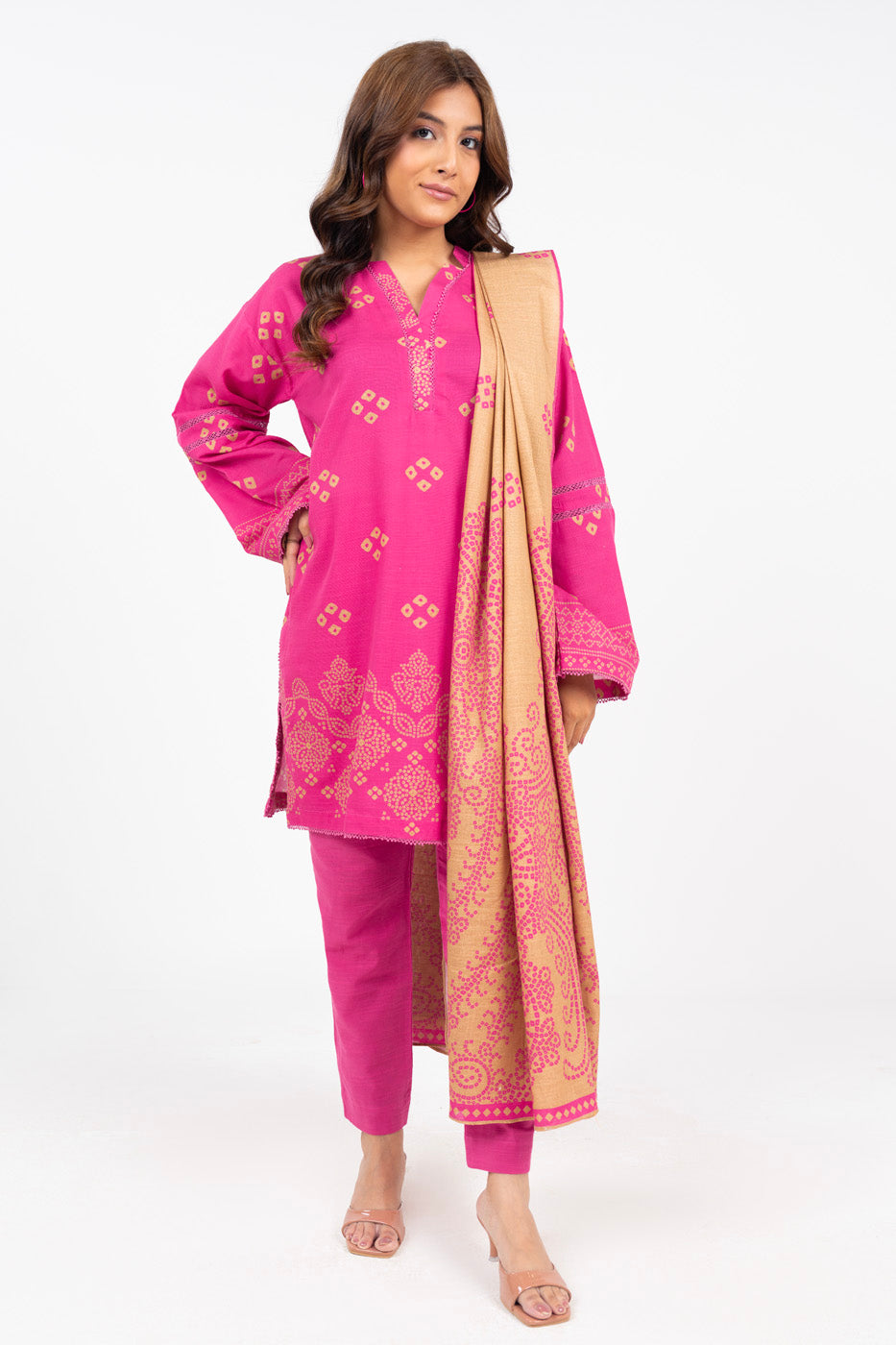 Printed Khaddar Pink Unstitched Suit - Alkaram