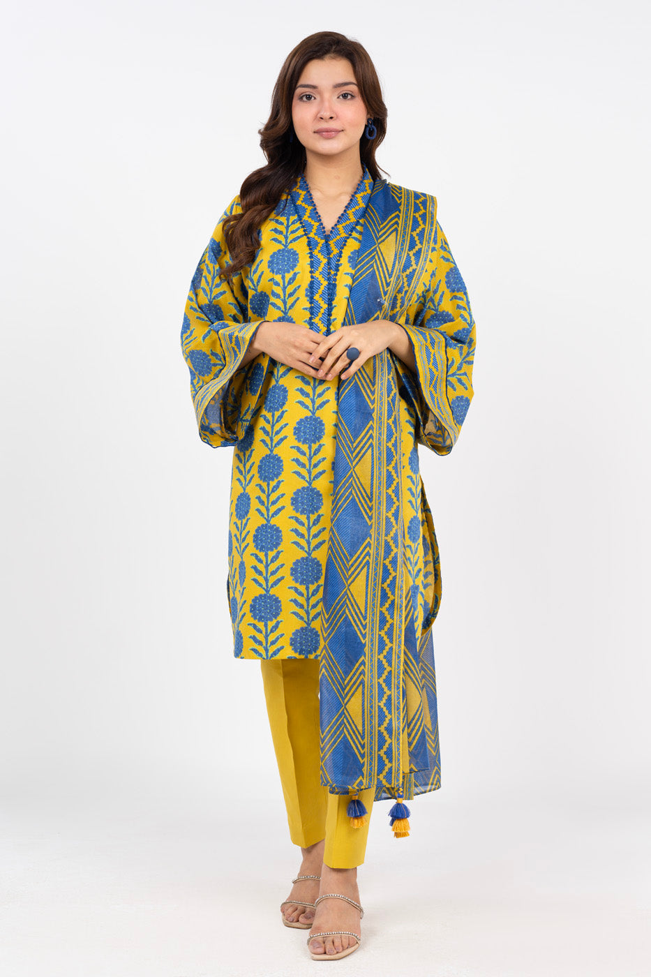 Printed Karandi Yellow Unstitched Suit - Alkaram