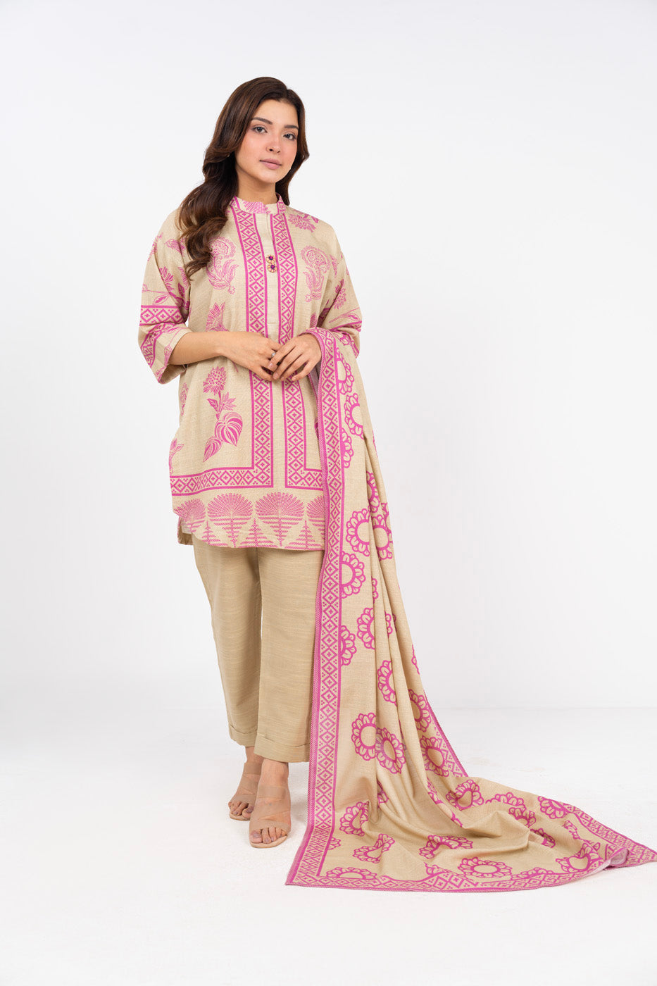 Printed Karandi Beige Unstitched Suit - Alkaram