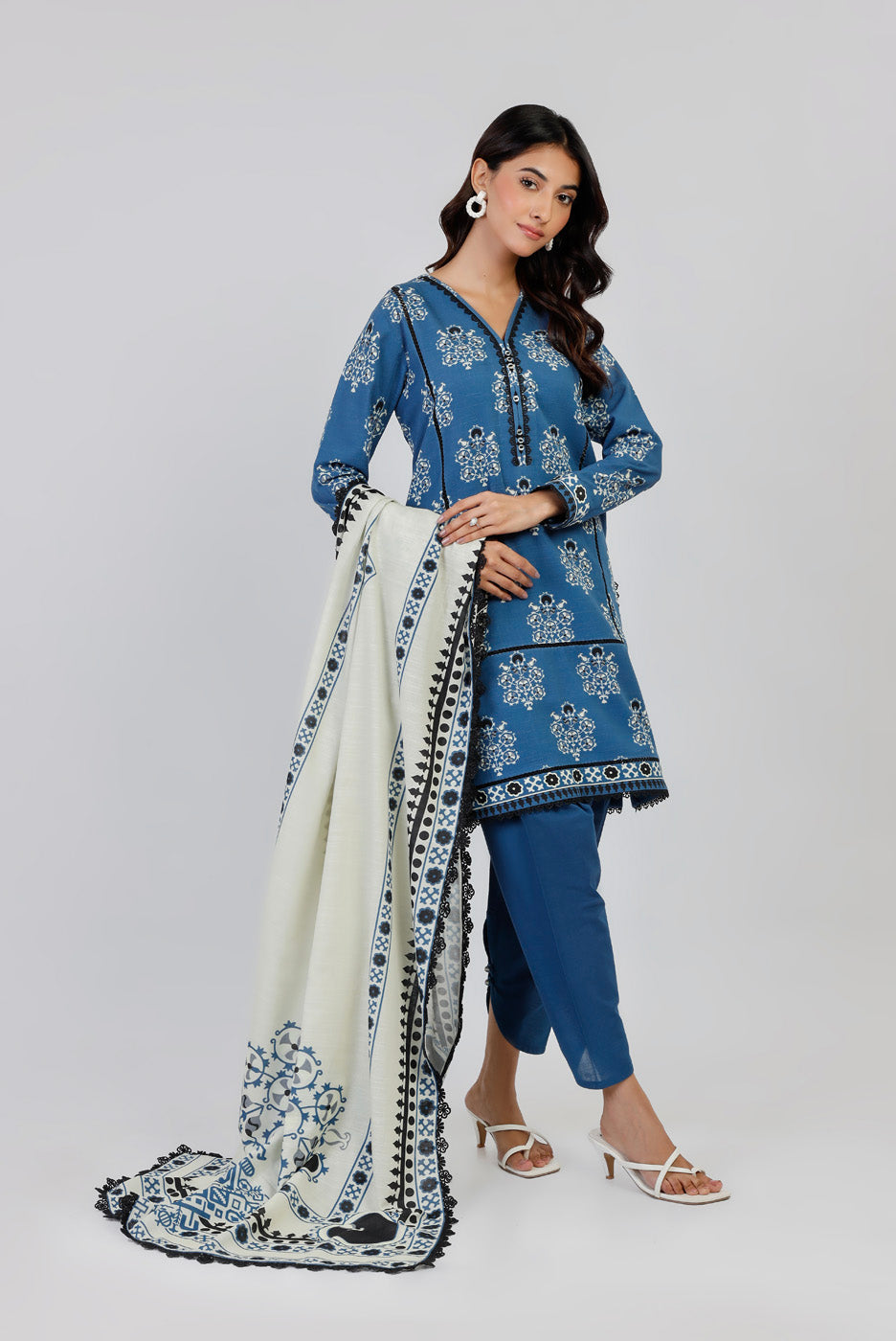 Printed Viscose Slub Blue Unstitched Suit - Alkaram