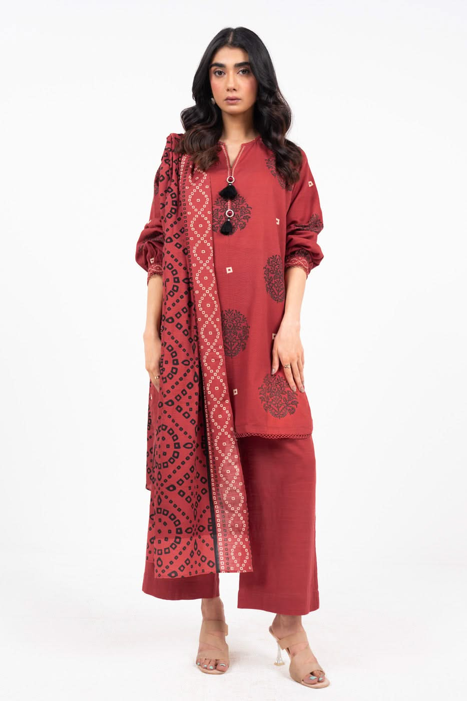 Printed Khaddar Red Unstitched Suit - Alkaram