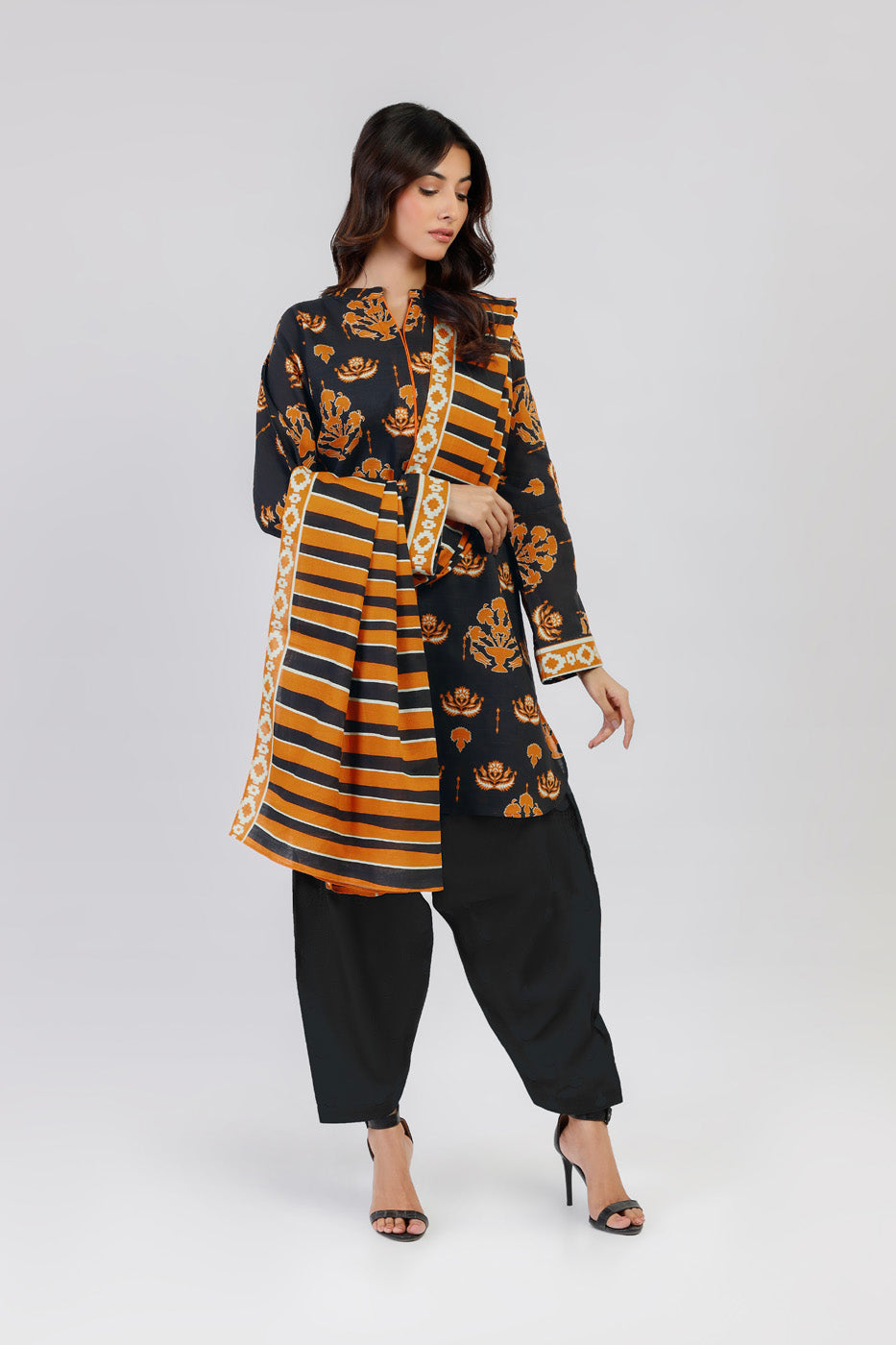 Printed Viscose Slub Black Unstitched Suit - Alkaram