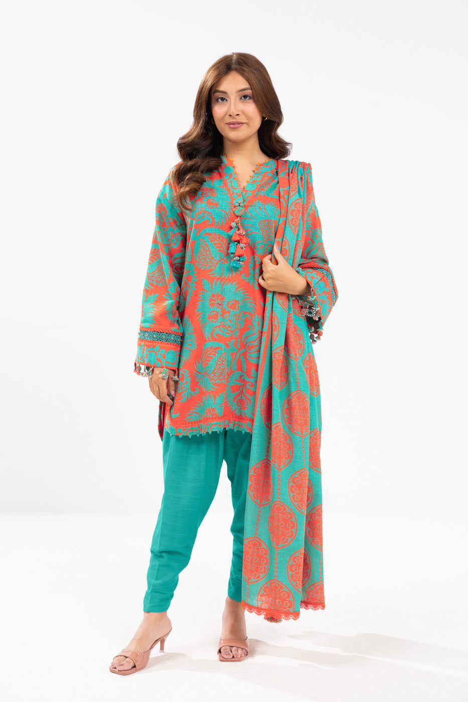 Printed Viscose Staple Slub Orange Unstitched Suit - Alkaram