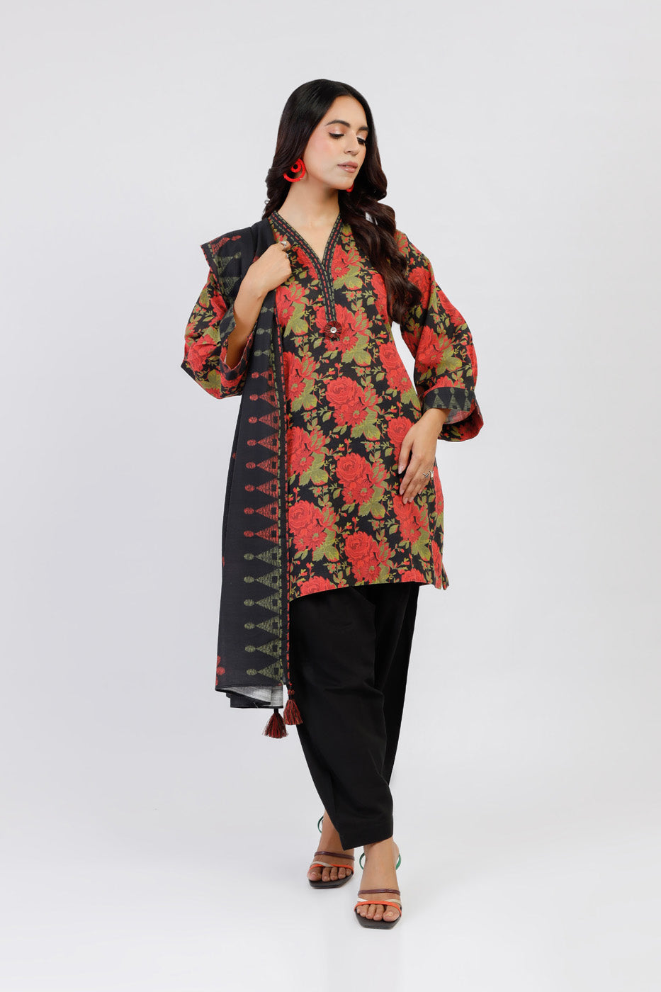 Printed Khaddar Black Unstitched Suit - Alkaram