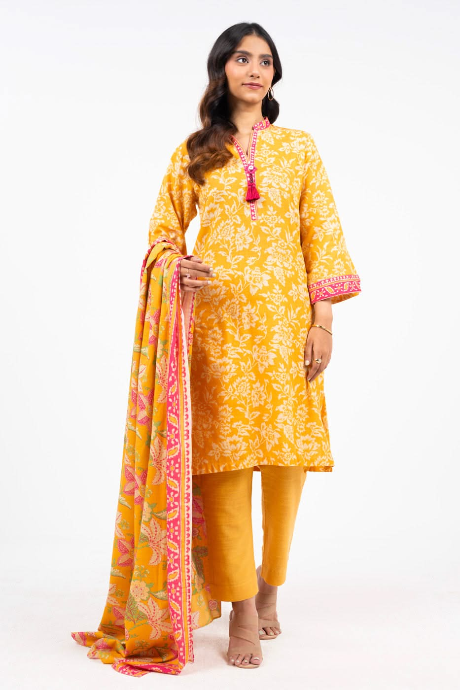 Printed Khaddar Yellow Unstitched Suit - Alkaram