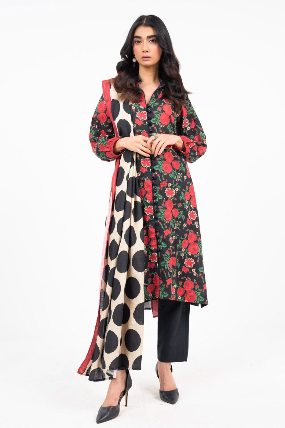 Printed Khaddar Black Unstitched Suit - Alkaram