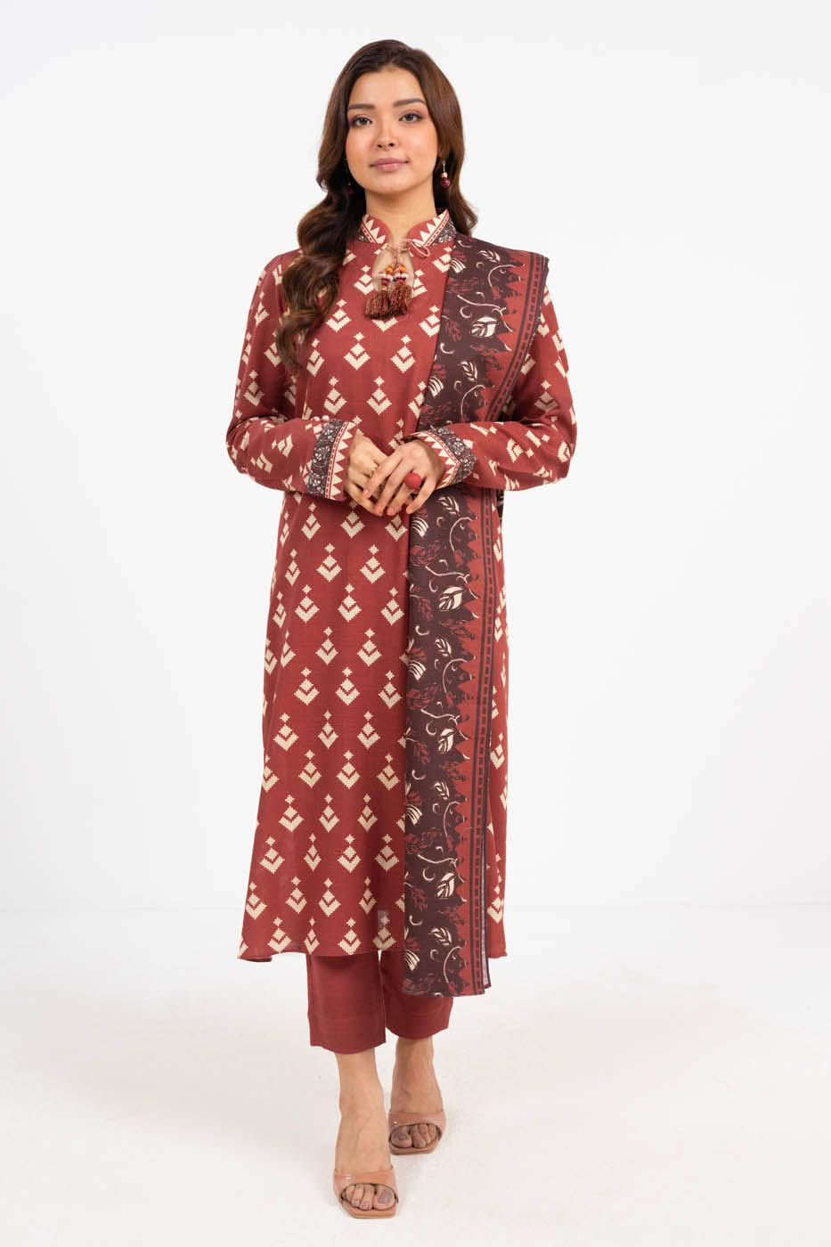 Printed Khaddar Red Unstitched Suit - Alkaram