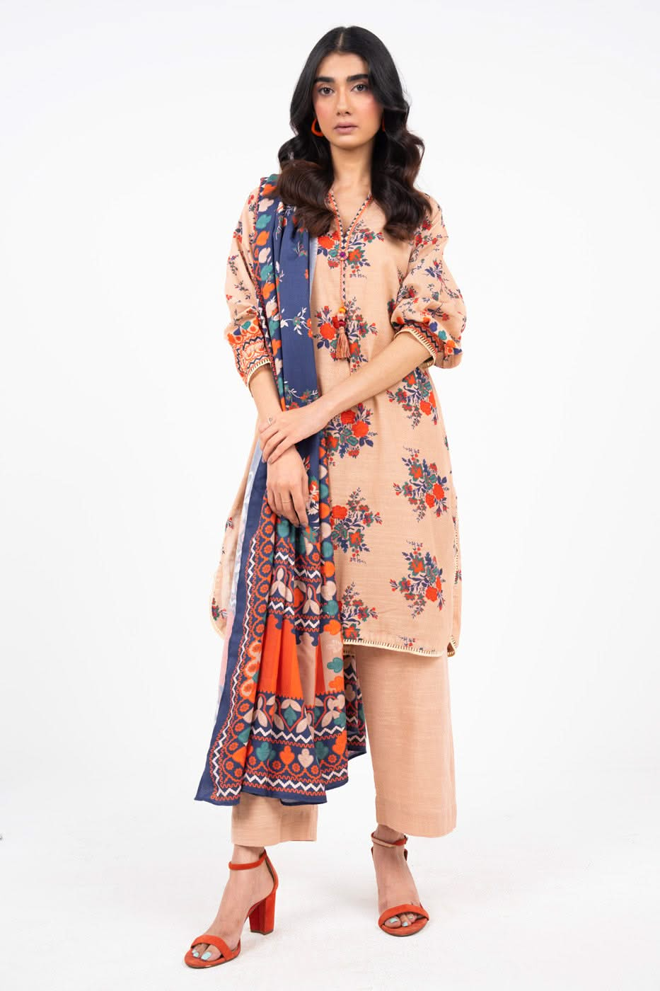 Printed Khaddar Beige Unstitched Suit - Alkaram