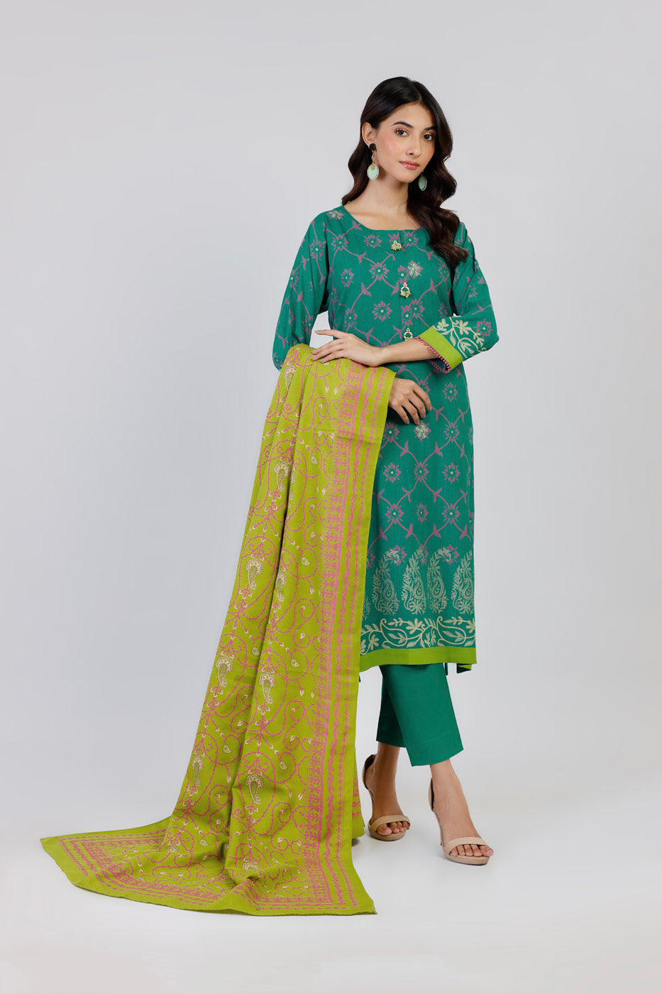 Printed Viscose Slub Sea Green Unstitched Suit - Alkaram