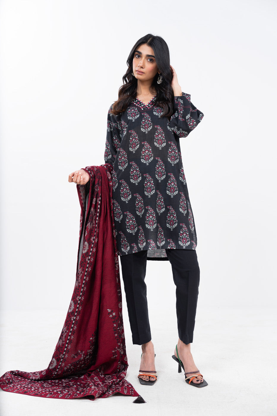 Printed Karandi Black Unstitched Suit - Alkaram