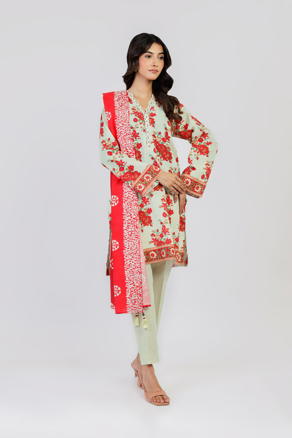 Printed Viscose Slub Beige Unstitched Suit - Alkaram