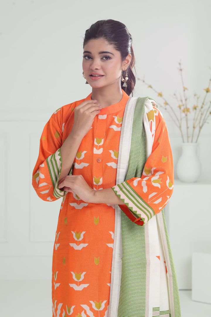 Printed Karandi Orange Stitched Suit - Alkaram