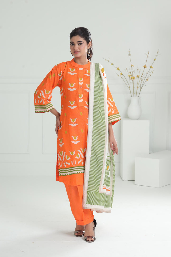 Printed Karandi Orange Stitched Suit - Alkaram