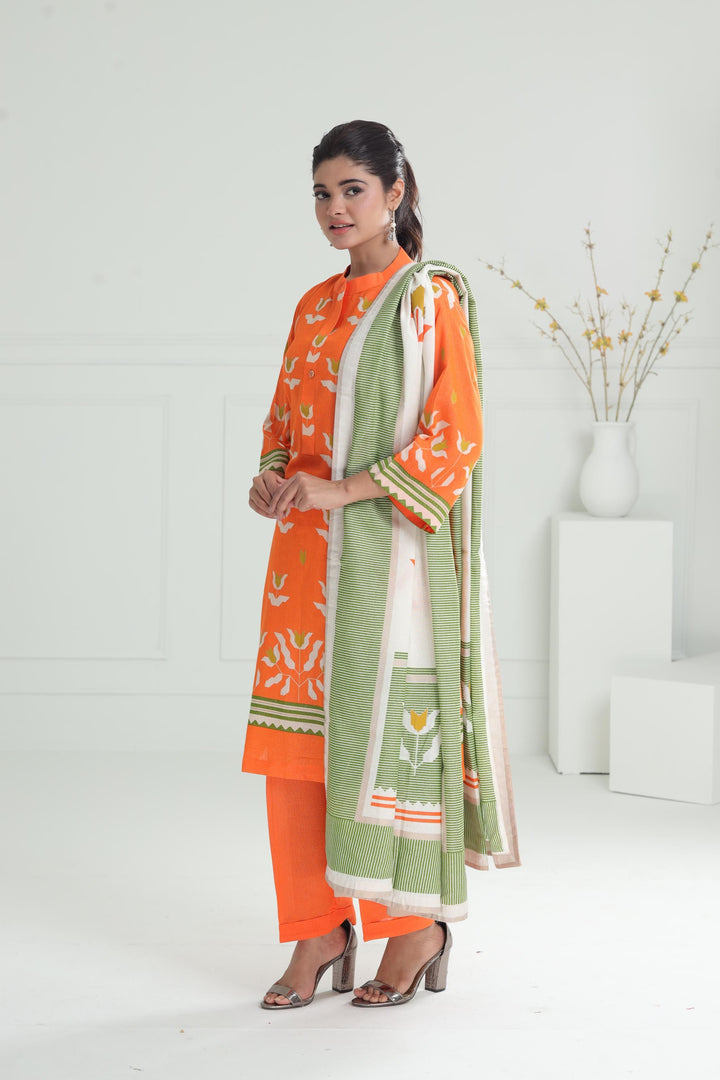 Printed Karandi Orange Stitched Suit - Alkaram