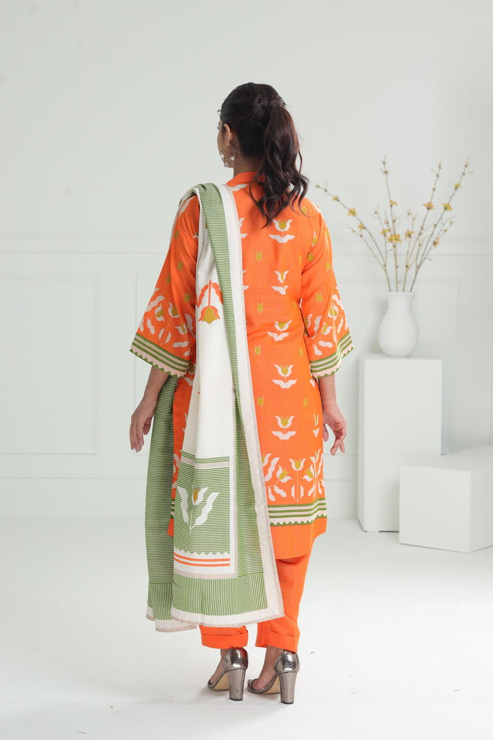 Printed Karandi Orange Stitched Suit - Alkaram
