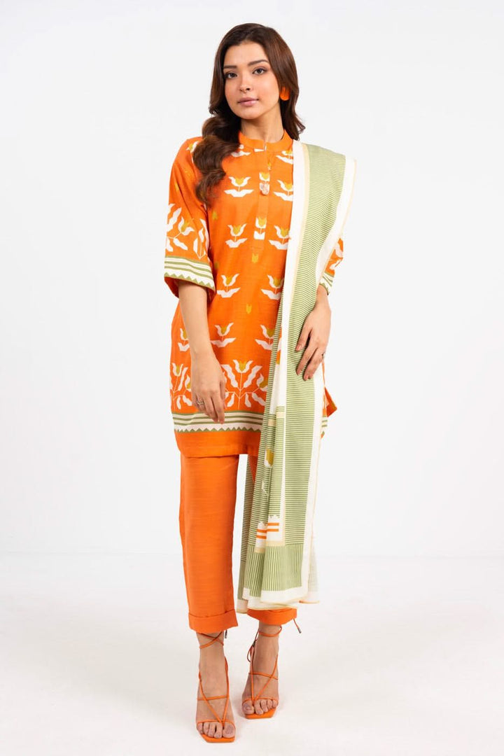 Printed Karandi Orange Stitched Suit - Alkaram