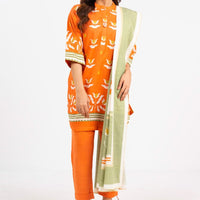 Printed Karandi Orange Stitched Suit - Alkaram