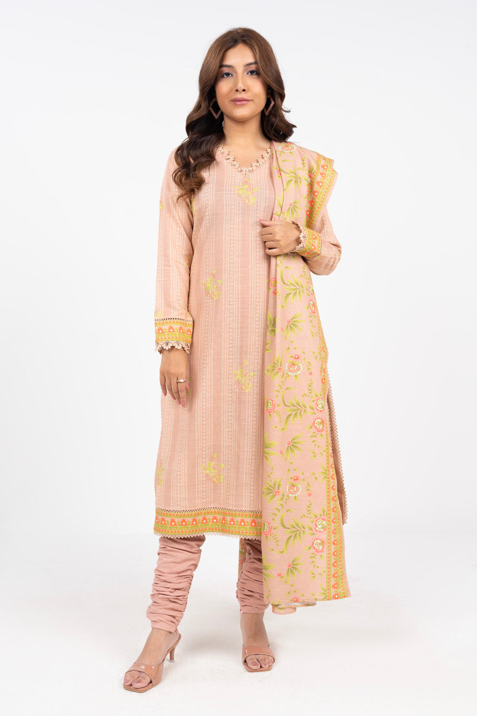 Embroidered Printed Khaddar Peach Unstitched Suit - Alkaram