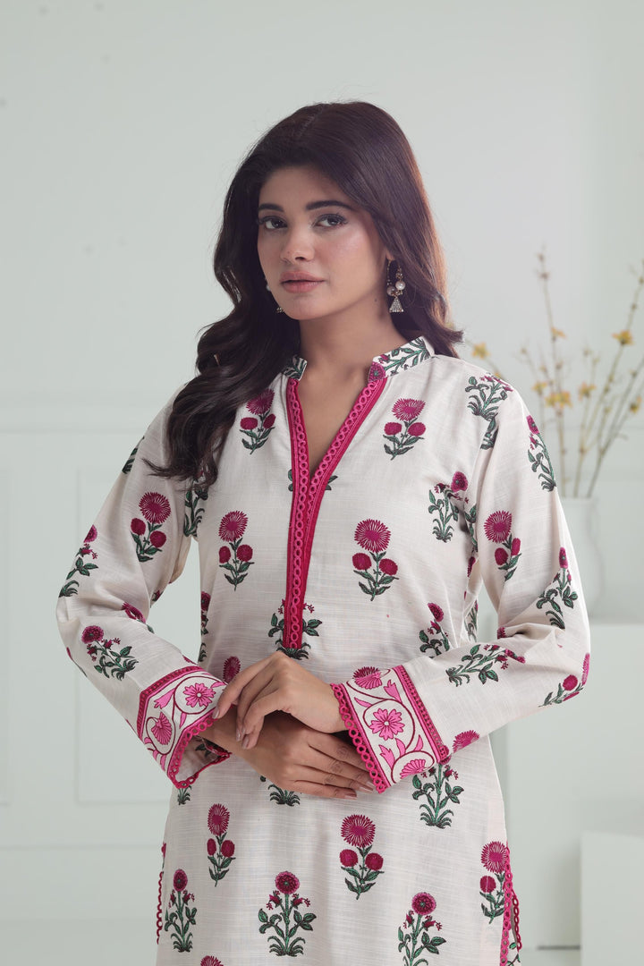 Printed Khaddar Cream Stitched Suit - Alkaram