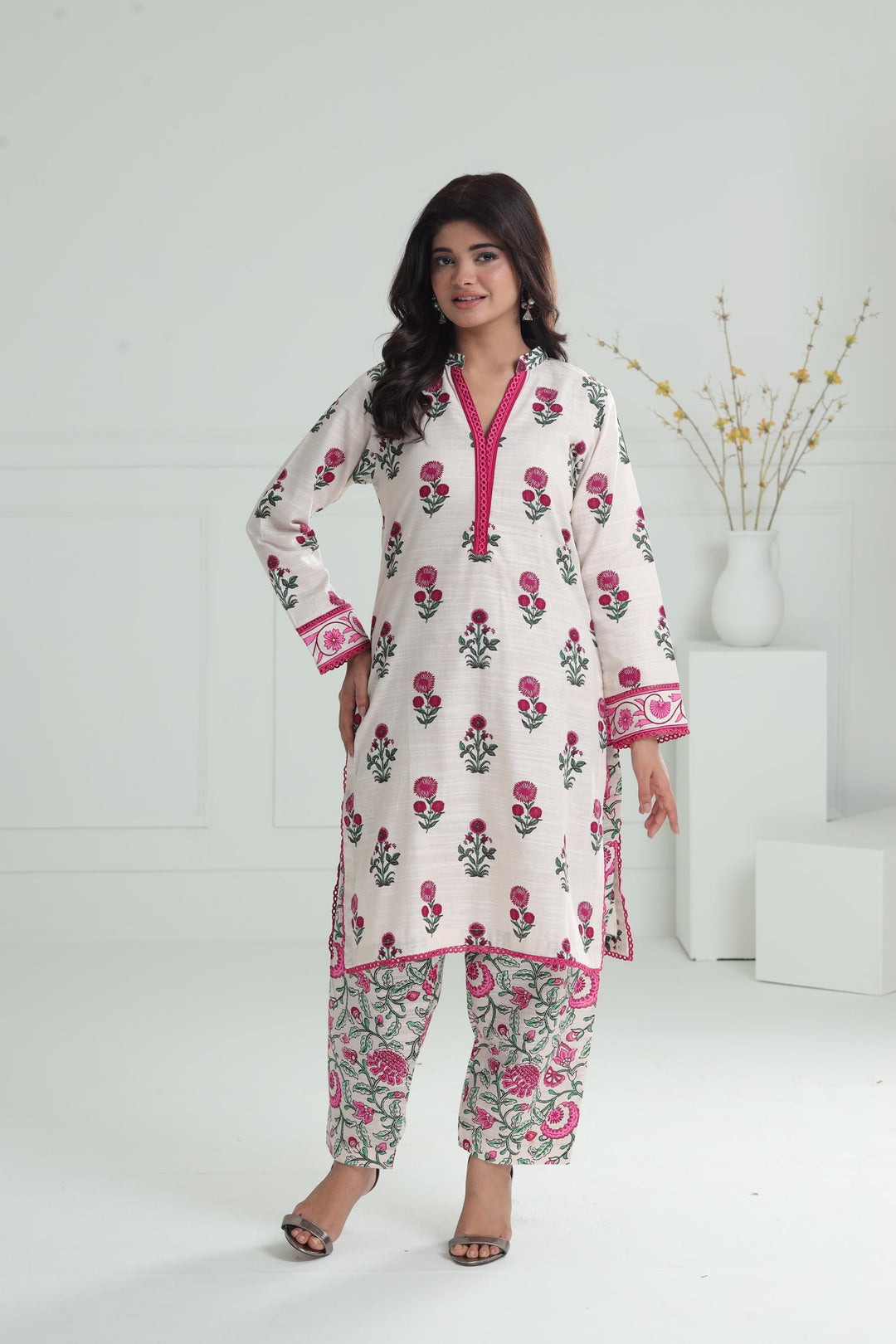 Printed Khaddar Cream Stitched Suit - Alkaram