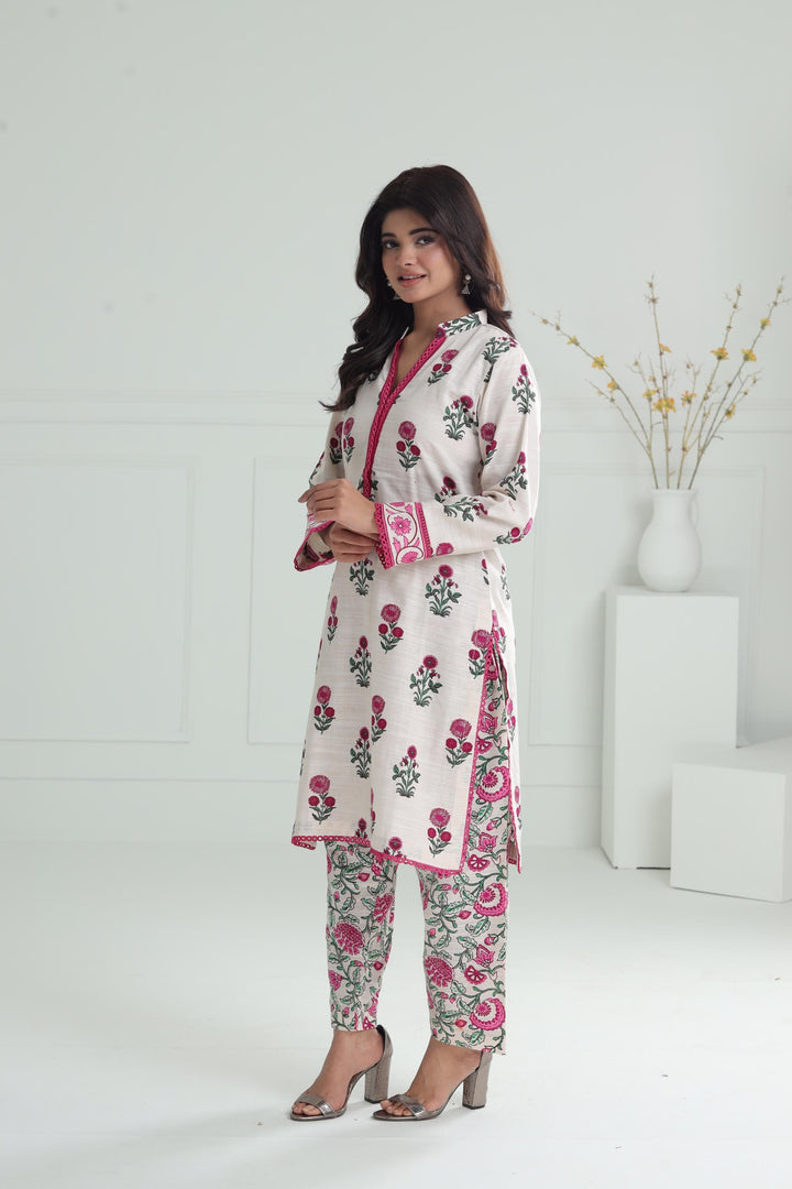 Printed Khaddar Cream Stitched Suit - Alkaram