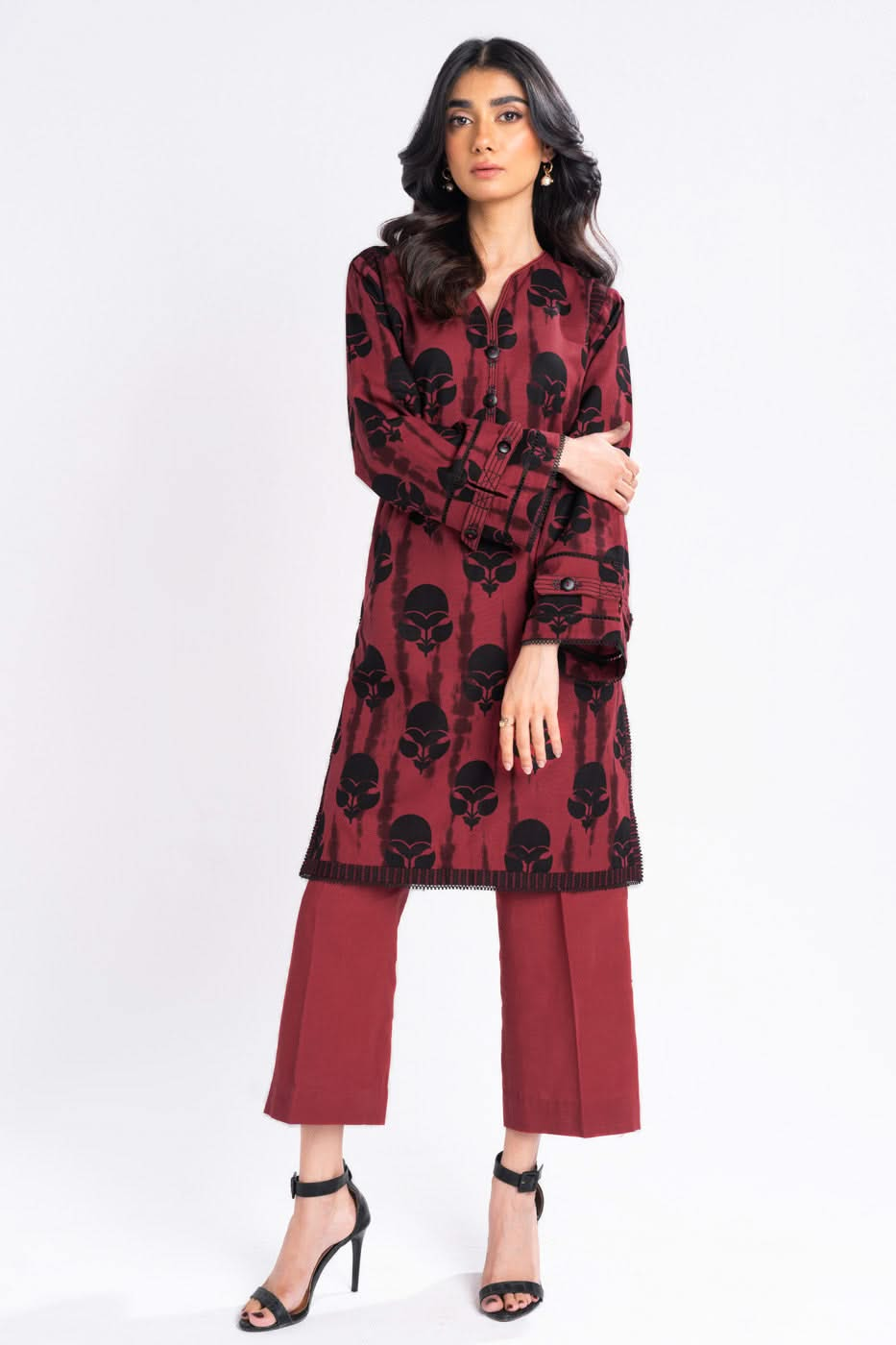 Printed Khaddar Red Unstitched Suit - Alkaram