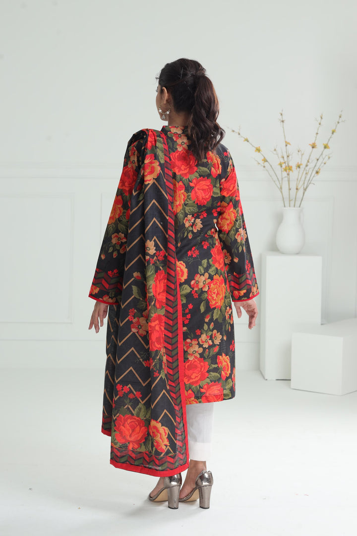 Printed Khaddar Black Stitched Suit - Alkaram