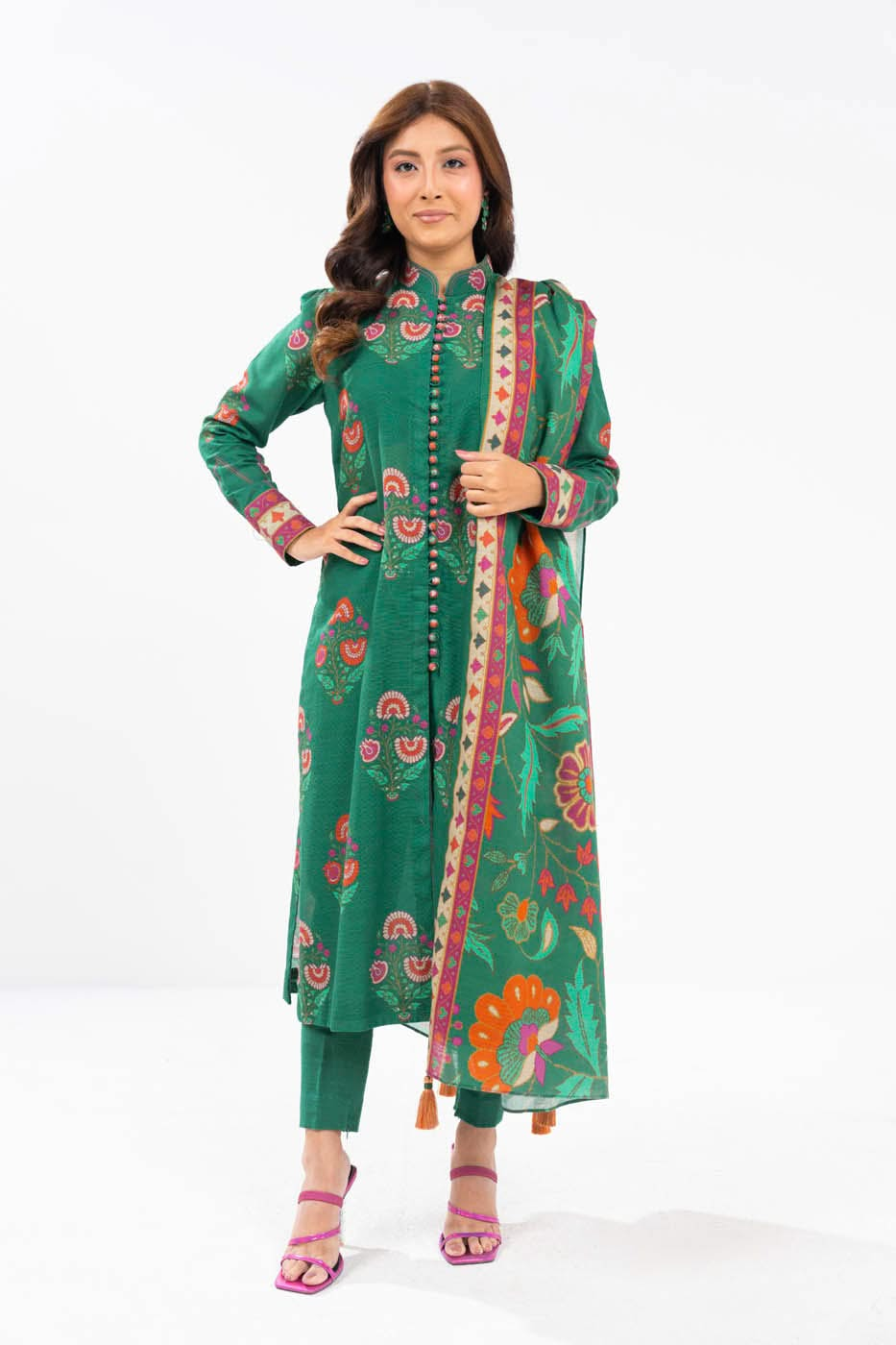 Printed Khaddar Green Unstitched Suit - Alkaram