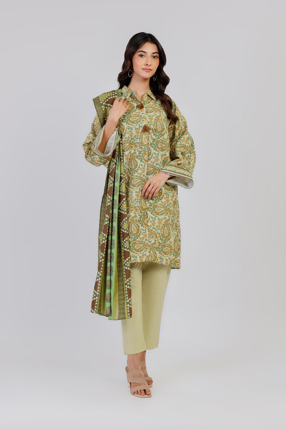 Printed Light Khaddar Green Unstitched Suit - Alkaram