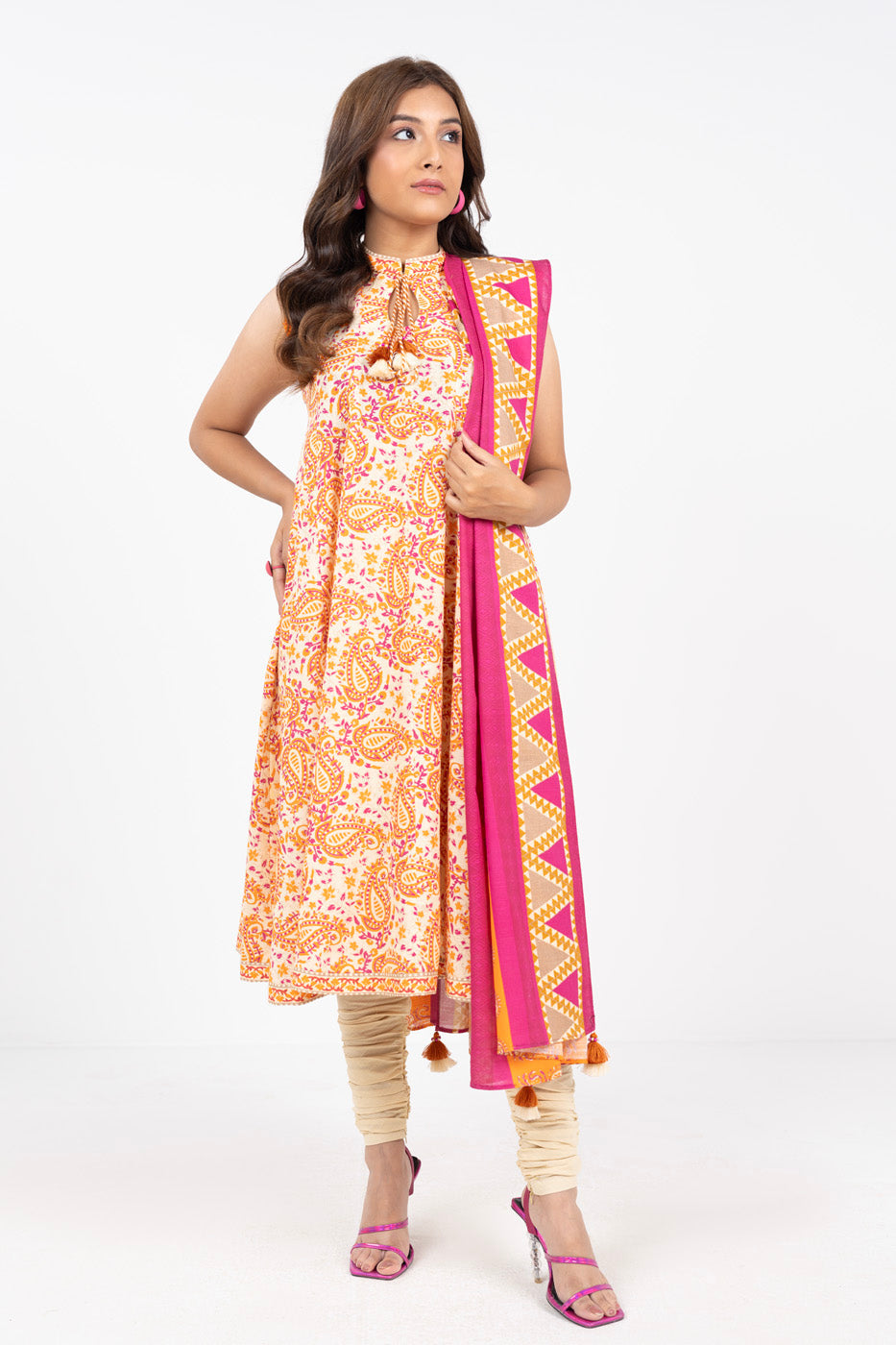 Printed Light Khaddar Orange Unstitched Suit - Alkaram