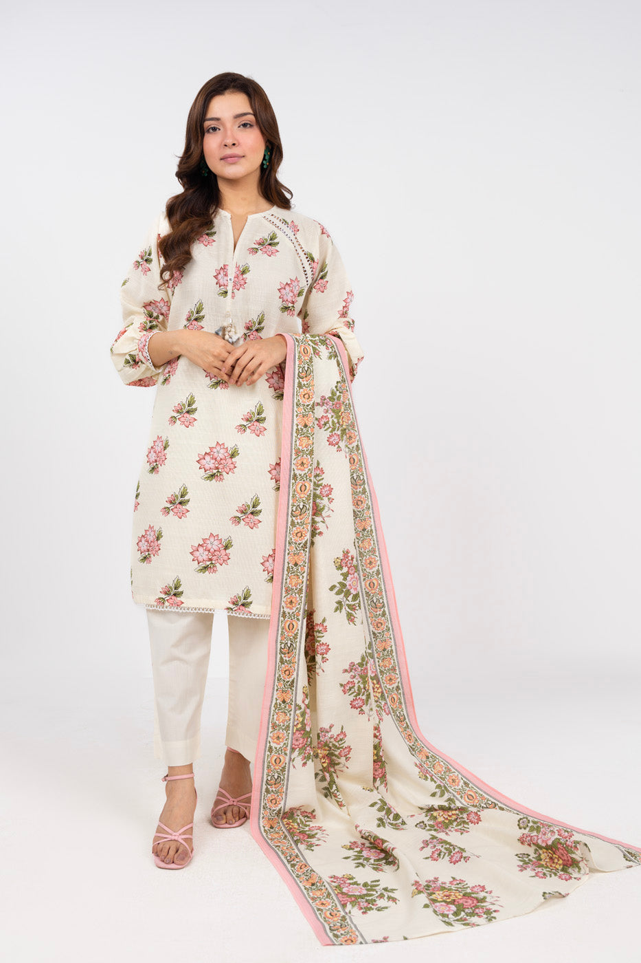 Printed Light Khaddar Cream Unstitched Suit - Alkaram