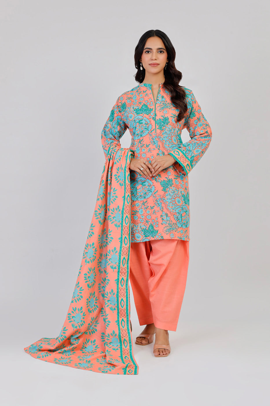 Printed Light Khaddar Peach Unstitched Suit - Alkaram