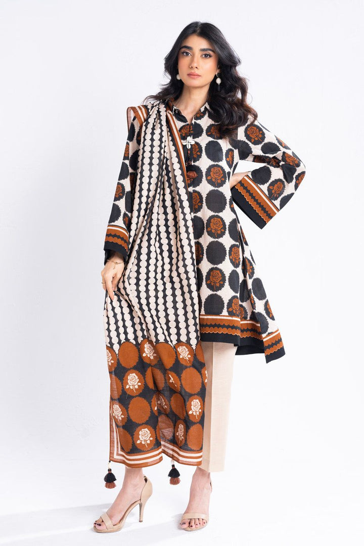 Printed Khaddar Beige Stitched Suit - Alkaram