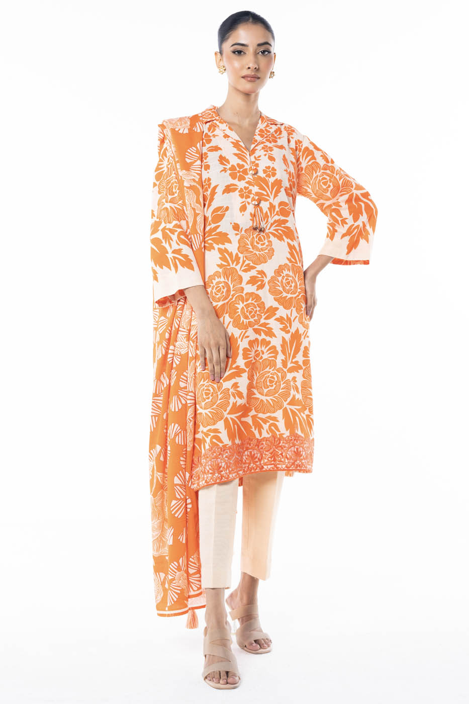 Embroidered Karandi Orange Unstitched Suit - Alkaram