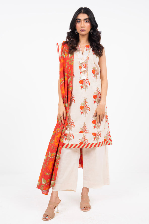 Printed Khaddar Cream Unstitched Suit - Alkaram