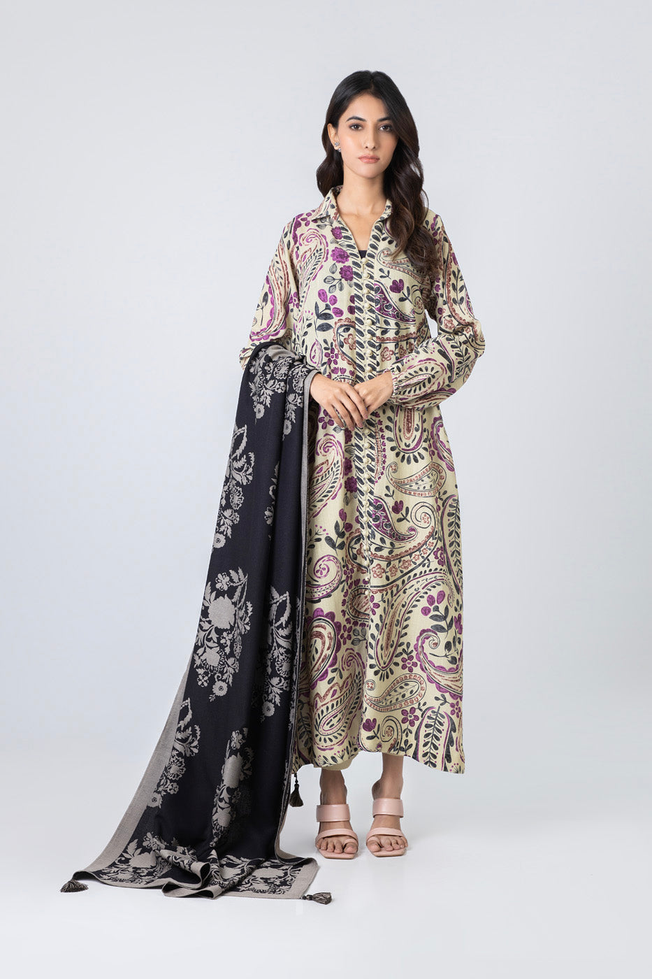 Printed Khaddar Suit Beige Unstitched Suit - Alkaram