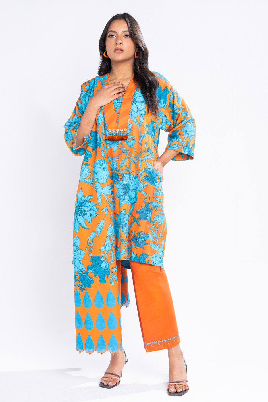 Printed Khaddar Orange Unstitched Suit - Alkaram