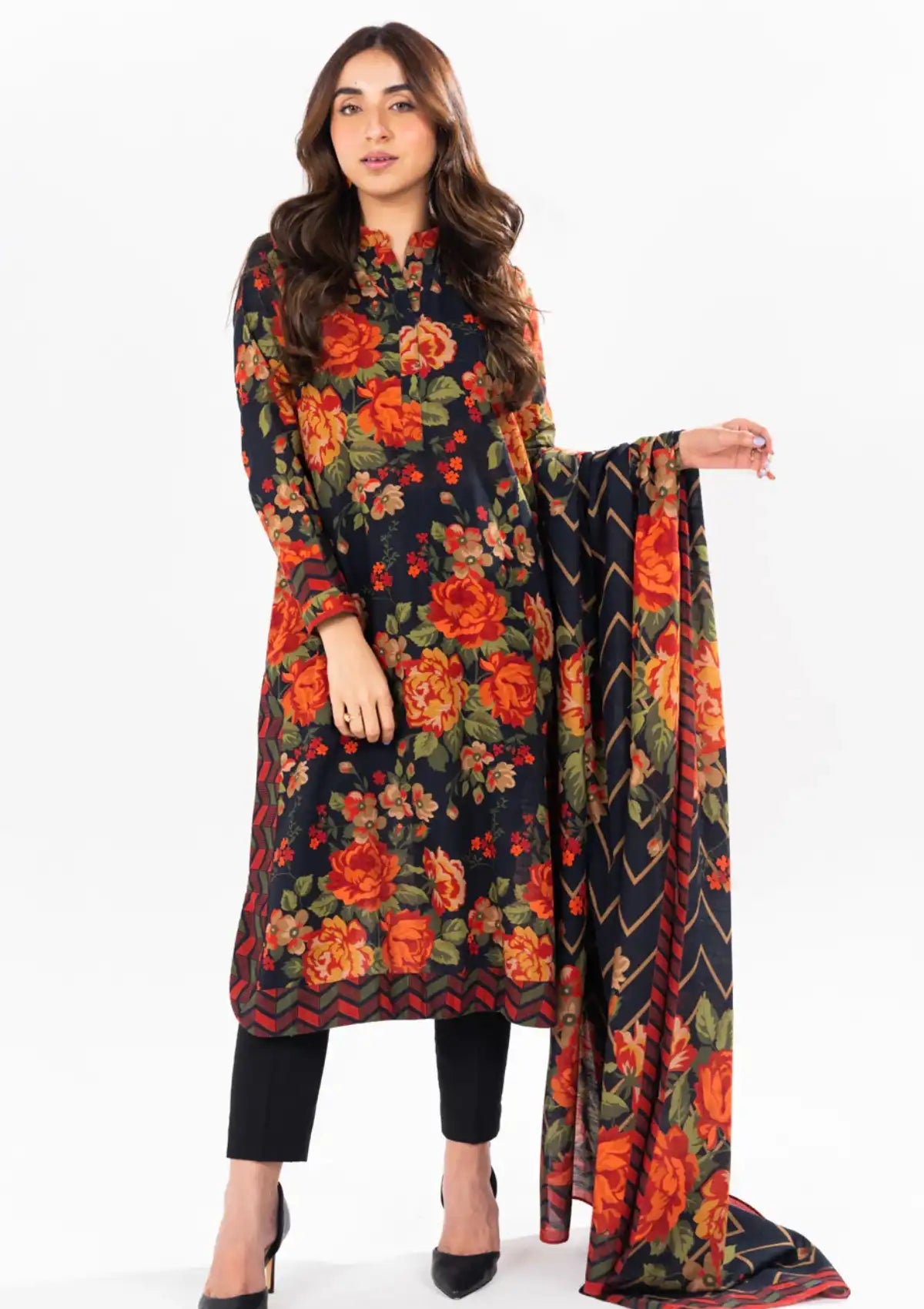 Printed Khaddar Black Unstitched Suit - Alkaram