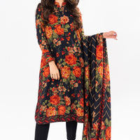 Printed Khaddar Black Stitched Suit - Alkaram