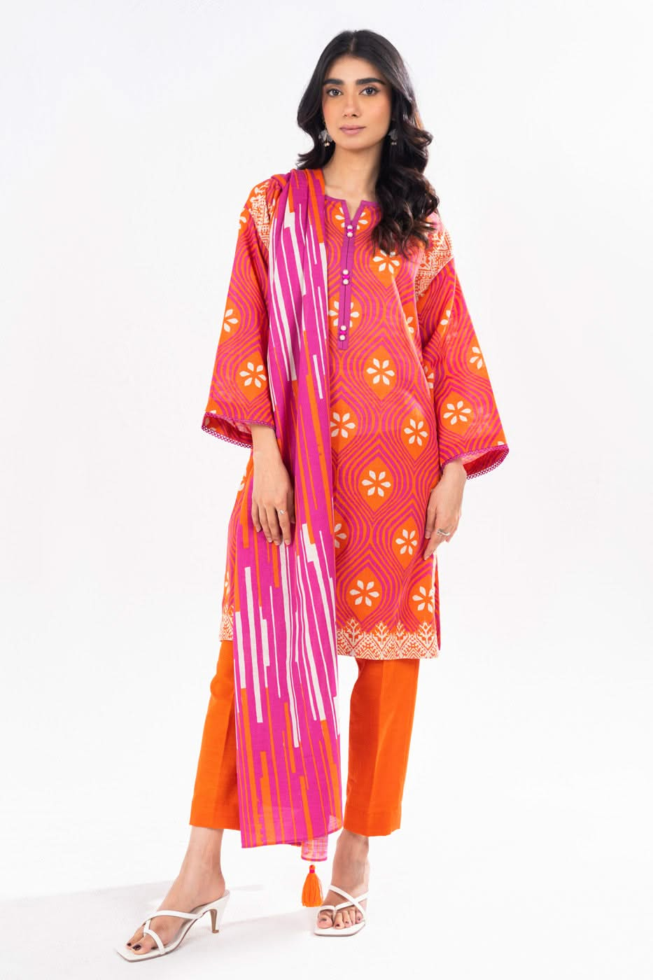 Printed Khaddar Orange Unstitched Suit - Alkaram