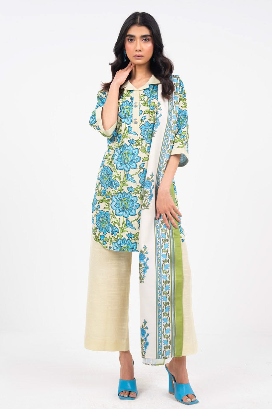 Printed Viscose Slub Cream Unstitched Suit - Alkaram