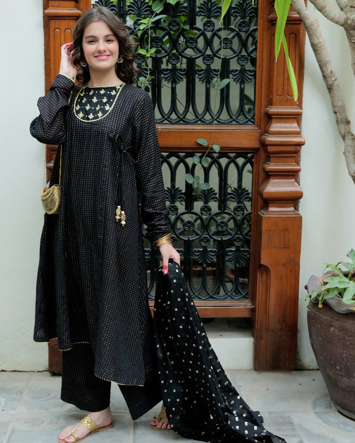 Cotton Dobby Jacquard Black & Gold Stitched Suit - Senorita