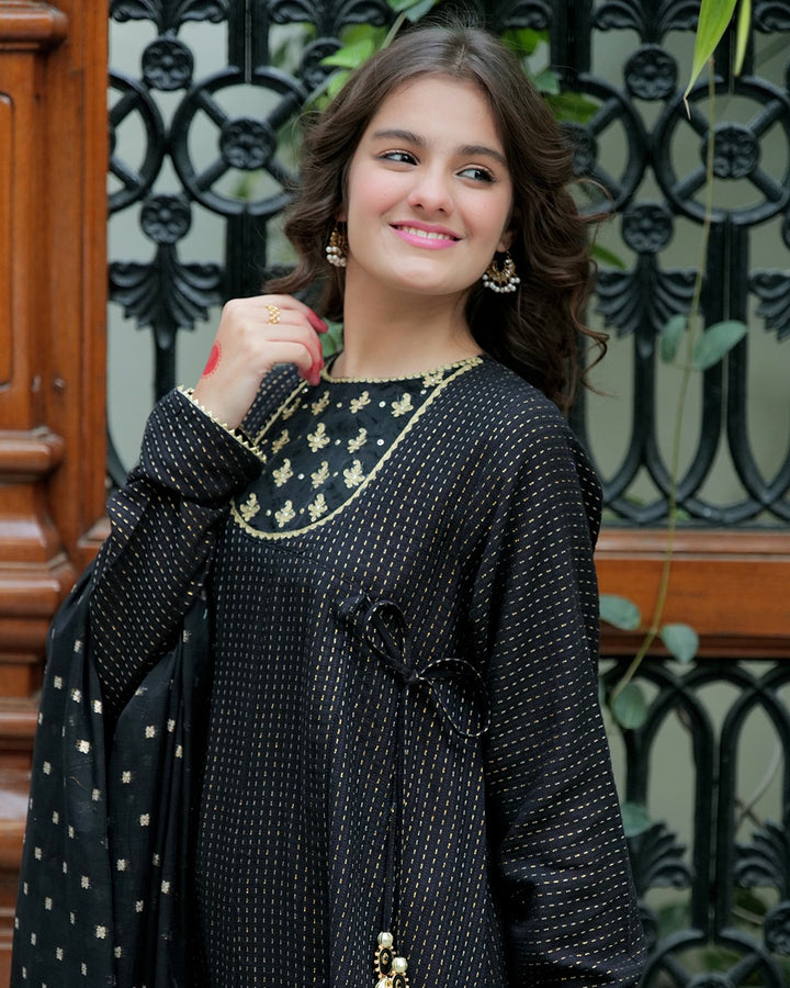 Cotton Dobby Jacquard Black & Gold Stitched Suit - Senorita