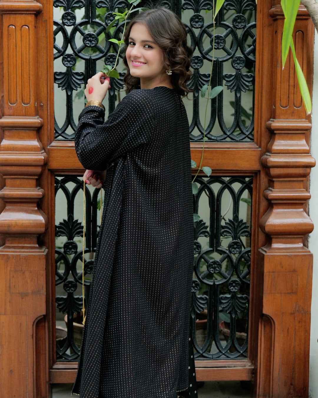 Cotton Dobby Jacquard Black & Gold Stitched Suit - Senorita